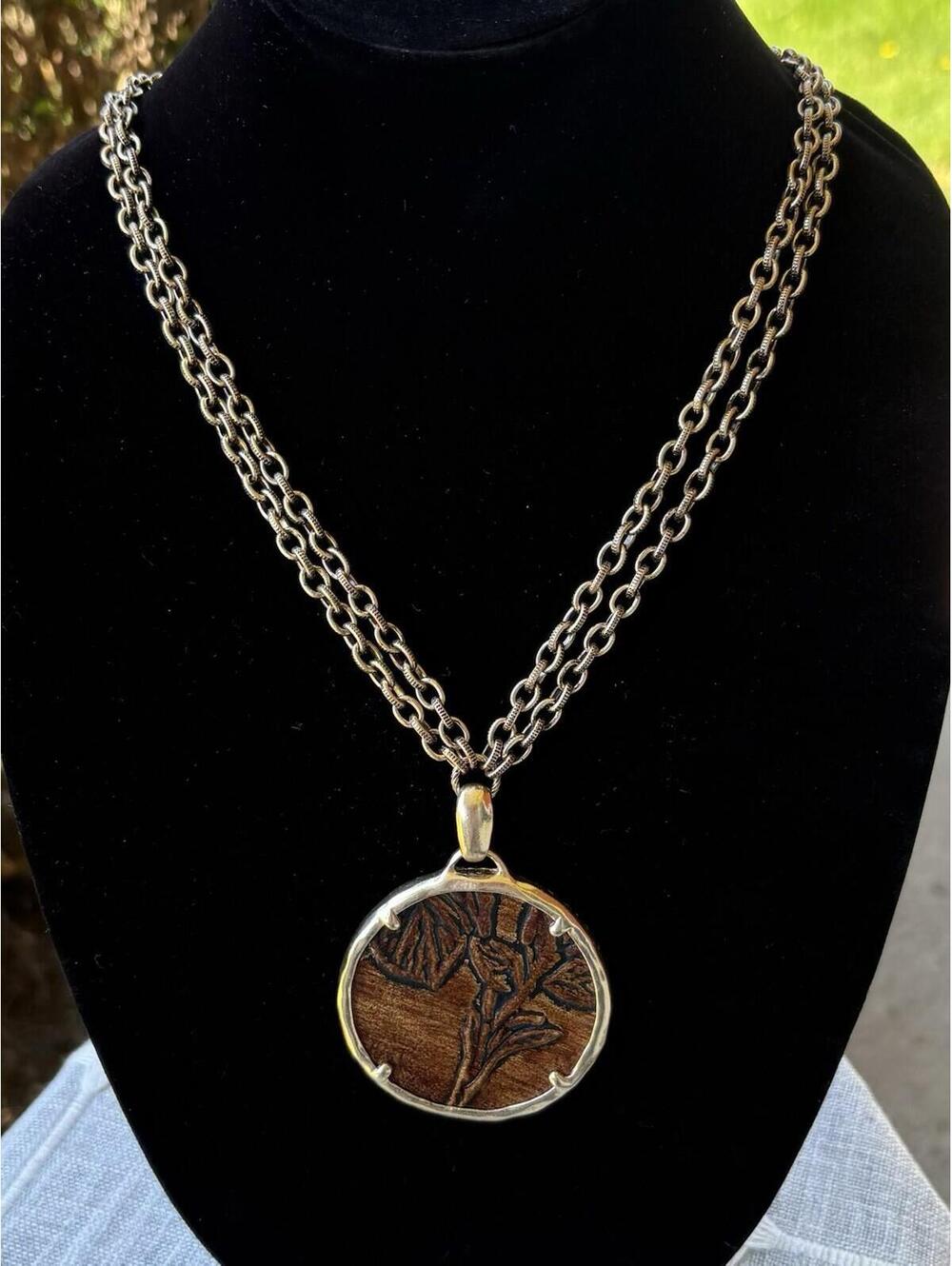 Patricia Nash Double Chain Necklace Leather Inset Floral Medallion Pendant